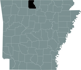 Black highlighted location map of the US Marion county inside gray map of the Federal State of Arkansas, USA