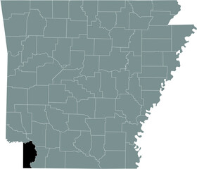 Black highlighted location map of the US Miller county inside gray map of the Federal State of Arkansas, USA