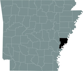 Fototapeta na wymiar Black highlighted location map of the US Phillips county inside gray map of the Federal State of Arkansas, USA