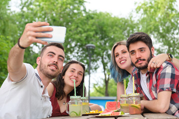 Group of happy friends taking a selfie and having fun in a park. Picnic on a sunny summer day.