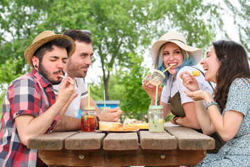 Group of happy friends having fun, drinking and eating in a park. Picnic on a sunny summer day.