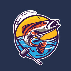Salmon with spinning rod. Concept art of fishing in cartoon style.