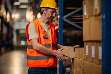 Worker stacks cardboard boxes at warehouse