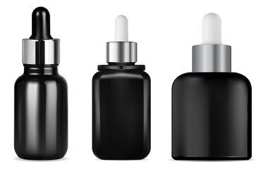 Hair serum dropper bottle, black glass vector mockup. eye pipette bottle, luxury packaging. Cosmetic essence flask, natural beauty aroma, face treatment packaging illustration