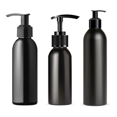 Black pump dispenser bottle mockup. Cosmetic container, plastic pump tube, vector template. Realistic bath packaging isolated on white background. Sprayer trigger plastic tube