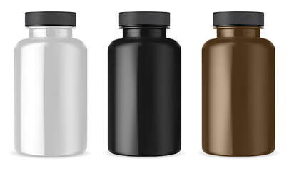 Lutein bottle. Black, brown, white supplement pill jar. Premium multivitamin capsule 3d cylinder package mockup.Isolated cosmetic vitamin container, natural herbal nutricional