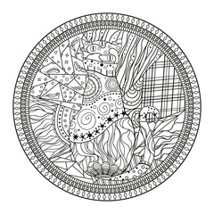 Cat. Circle mandala. Hand drawn zendala with abstract patterns on isolation background. Design for spiritual relaxation for adults. Black and white illustration for coloring. Printing on t-shirts