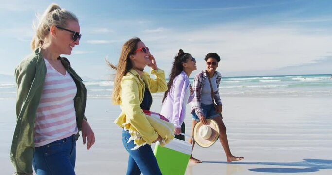 Happy group of diverse female friends having fun, walking along beach