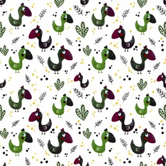 A seamless pattern with a  funny bird on a white background. The illustration is hand-drawn in doodle style. Digital illustration. Design for fabric, paper and other objects.