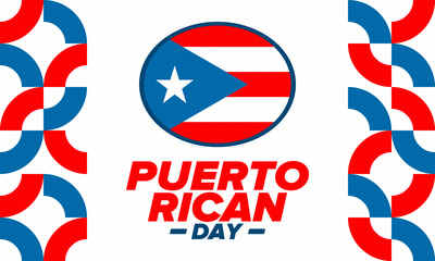 Puerto Rican Day. National happy holiday. Festival and parade in honor of independence and freedom. Puerto Rico flag. Latin american country. Patriotic elements. Vector poster illustration