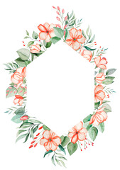 Watercolor pink flowers and green leaves frame illustration