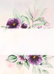 Watercolor purple flowers and green leaves card illustration