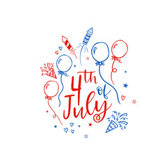 Cute hand drawn design, 4th of July banner with confetti and decoration, doodle elements, great for banners, wallpapers, invitations - vector design