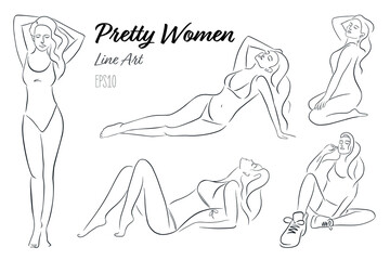 Fototapeta na wymiar Line Art of Women in Different Poses Collection. One Line art isolated vector illustrations set. Hand Drawn sketches of females for logo, emblem, web, prints, cosmetics, spa, beauty care products