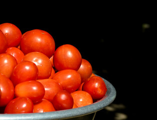 Lots of ripe fresh red tomatoes. Concept harvest, market, healthy food, growing natural vegetables. Background with copy space.