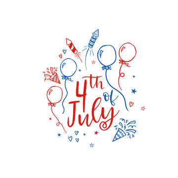 Cute hand drawn design, 4th of July banner with confetti and decoration, doodle elements, great for banners, wallpapers, invitations - vector design