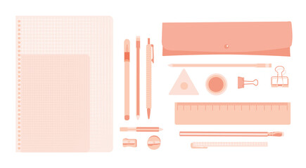 pink School equipment vector illustration set. Education, homeoffice supplies, pen, eraser, pencil, crayon, office clips, pencil case, pencil-box, pencil sharpener, eraser. Pink workplace stilisation