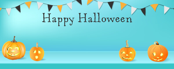 Happy Halloween background banner,  pumpkins, vector illustration, copy space, decorative, garland, flag, party, sale, web header,