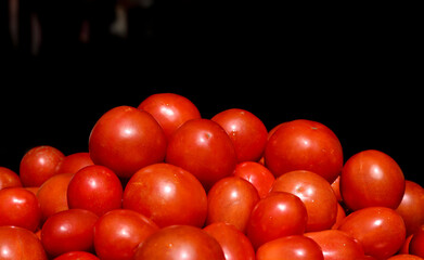 Lots of ripe fresh red tomatoes. Concept harvest, market, healthy food, growing natural vegetables. Background with copy space.
