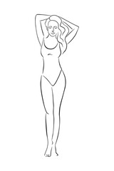 Hand Drawn Woman in Swimsuit Isolated Vector Illustration. Continuous line drawing for logo, emblem, template, web, prints, cosmetics, spa, beauty care products. Line art of beautiful young woman