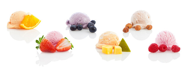 Banner with a variety of six Ice cream scoops and the fruit they are made of, various flavours and...