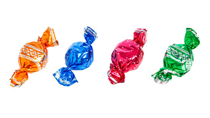 Banner with four wrapped candies isolated on white background - obrazy, fototapety, plakaty