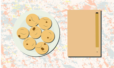 Cookies and a leaflet for writing and a recipe, vector illustration.