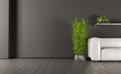 dark wall mockup with plants and sofa