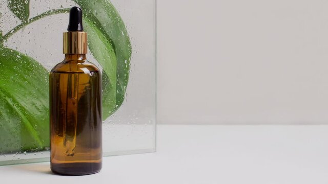 Moving picture of dropper pipette bottle in front of green leaves, glass with water drops side view, copy space. Serum, acid on podium. Organic, natural cosmetic. Beauty, skincare, spa product