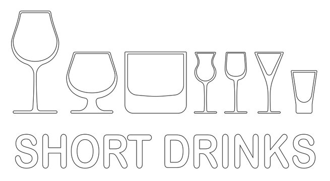 Set of glasses for short drinks and shots. Vector on white background. Outline black