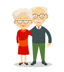 Elderly couple standing and hugging. Grandparents characters. Old spouses vector illustration
