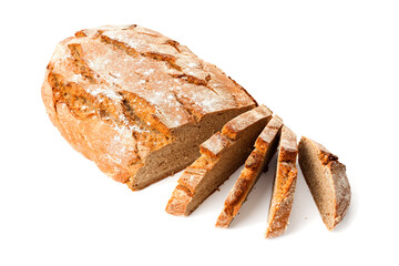 Rustic bread and slices isolated on white background