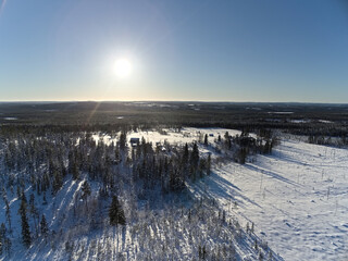 Drone shot of winter landscape at Granbergsliden in Swedish lapland