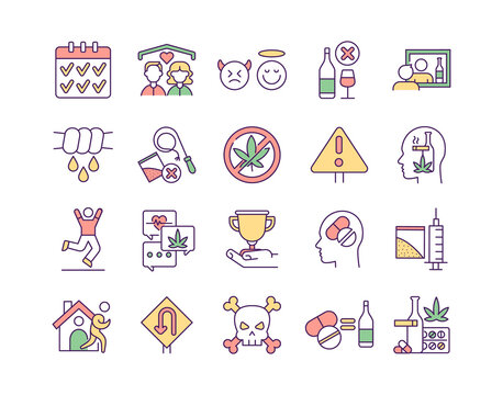 Rehabilitation RGB Color Icons Set. Isolated Vector Illustrations. Dealing With People Addiction For Drugs And Alcohol. Health Treatment Simple Filled Line Drawings Collection