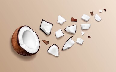 3d realistic cracked coconut vector illustration. Juicy parts, slices of coconut. Top view. Broken into pieces on the table. Cosmetic products. Tropical abc tract on biege background. Spaa, vegan, bio - obrazy, fototapety, plakaty