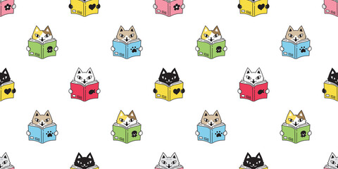 cat seamless pattern kitten vector calico reading book pet scarf isolated repeat background cartoon animal tile wallpaper illustration doodle design