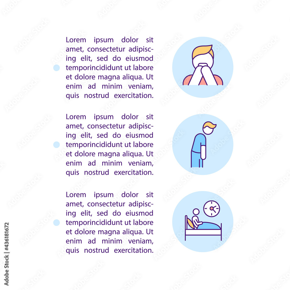 Poster sleep disorder from depression concept line icons with text. ppt page vector template with copy spac