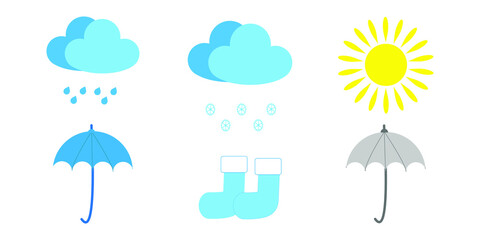 Obraz premium Weather. Clouds. Snowflakes. Umbrella. Drops. Rain. The sun. White background. Vector.