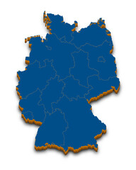 Germany map vector. High detailed administrative 3D map of Germany with dropped shadow. Vector blue isometric silhouette with administrative divisions. All isolated on white background