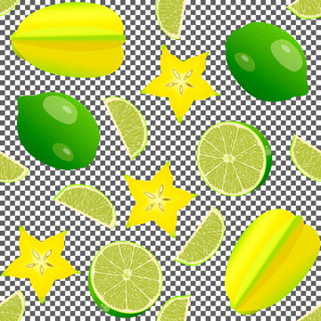 Seamless, square background with slices of lime and carom. Pattern with pieces of fruit isolated on a transparent background. Vector design for decorating fabrics, shower curtains, kitchen tablecloths