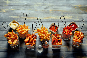 Fried potatoes and fries with sauces and salt with paper
