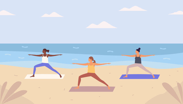 Group Of Women Doing Yoga On Sandy  Beach. Beach Yoga Class,open Air Workout, Physical Exercise. Flat Vector Illustration