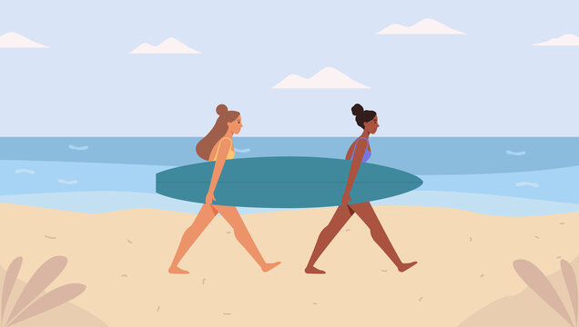 Two sporty surfing girls holding surfboard on the beach, friends having fun. Vector illustration flat  cartoon style