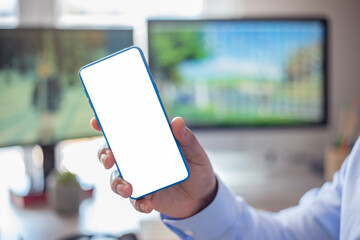 Businessman with smartphone. Mobile phone screen mockup.