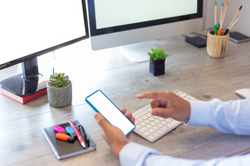Businessman with smartphone. Mobile phone screen mockup.