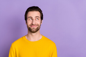 Portrait of attractive cheerful sly creative man overthinking copy space isolated over pastel violet purple color background