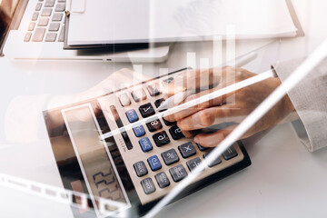 bookkeeper using calculator counting finances taxes fees accounting calculate bills money planning...