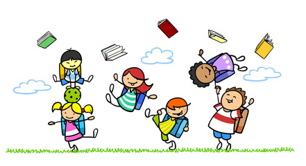 Glückliche Schulkinder mit Schulranzen und Büchern