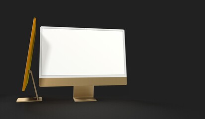 Computer display mock up with blank white screen. Stylish desktop computer mockup 3D