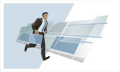 Businessman with a suitcase is late for a meeting flat vector illustration Meeting, business partnership, team, everyday business life. Flat cartoon colorful vector illustration.